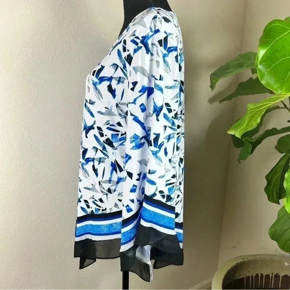 ALFANI Women’s White Navy Blue Ocean Blue Gray Abstract Bell Sleeve Tunic Large - Picture 3 of 15